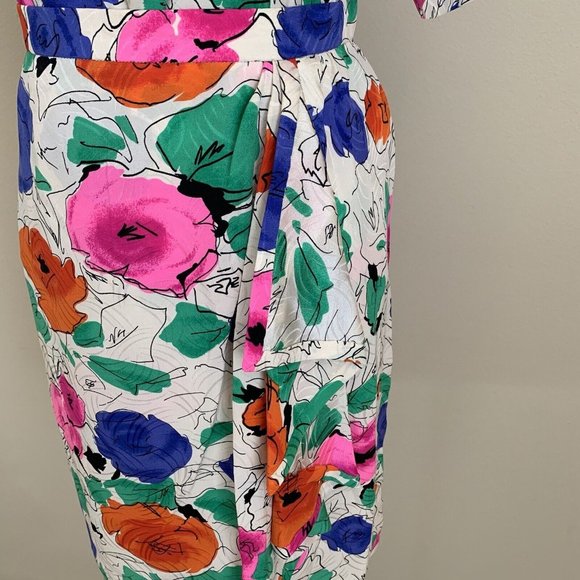 Vintage 80s Stracci Custom Vibrant Silk Floral Print Blouse Top Skirt Set Ungaro - Picture 3 of 11